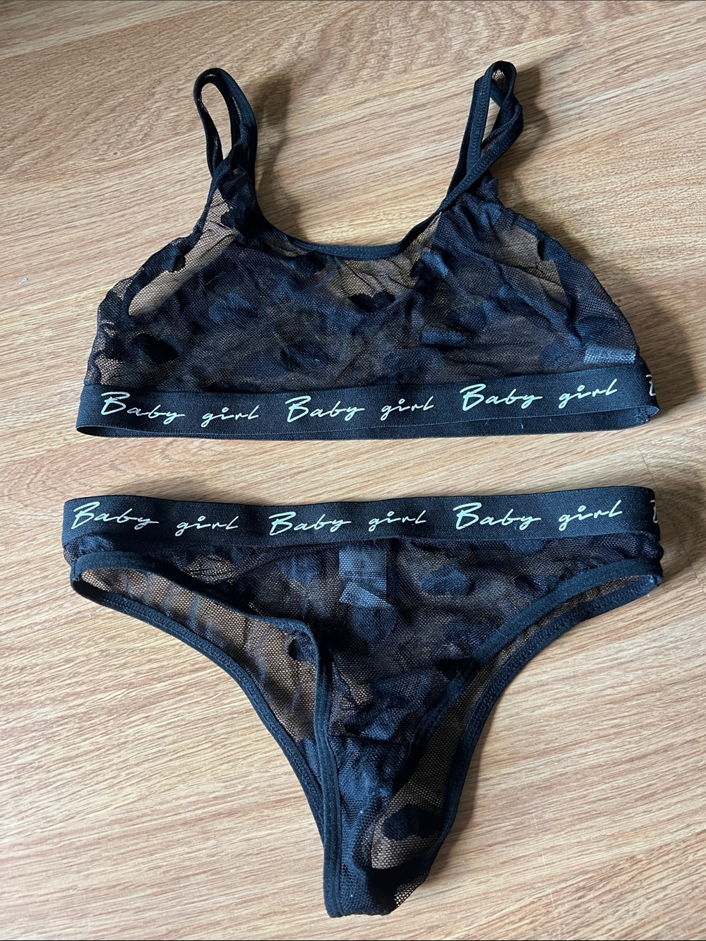 SHEIN Black 'Baby girl' Sheer Mesh Bralette & Bikini Set